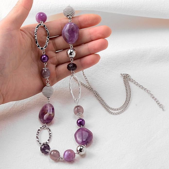 BULINLIN Beaded Long Necklace for Women Silver Sweater Chain Necklace with Crystal Resin Beads, Fashion Jewelry Necklace