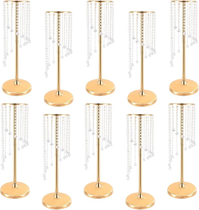 Wedding Centerpieces Gold Vases,10PCS Metal Flower Candle Holder with Sparkling Crystal Beads,Crystal Flower Vase Metal Flowers Stand for Party Tables Decorations (27.5in Gold-1)