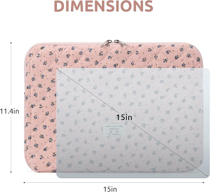 Puffy Laptop Sleeve 13-15.6 Inch Cute Quilted Laptop Protective Case Padded Floral Computer Sleeve for MacBook (A-Dark Pink, 15 Inch)