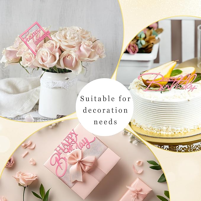 10 PCS Pink Birthday Cake Topper Mirror Acrylic Happy Birthday Cake Toppers Double-Sided Dessert Decorations for Girls Women's Party Supplies Cake Charm Supplies for Birthday Party