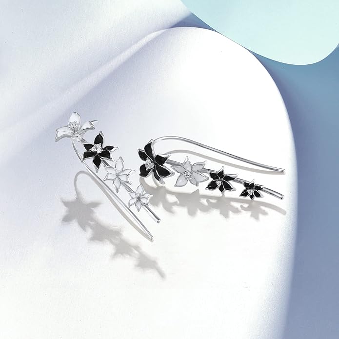 Santuzza 925 Sterling Silver Enamel Flower Ear Cuffs Climber Earrings for Women