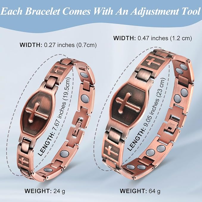 Vicmag 2PCS Men Copper Magnetic Bracelets for Couple Double Row 99.9% Solid Pure Copper Cross Bracelet Gift with Adjustment Tool