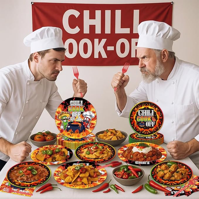 96Pcs Chili Cook Off Decorations Disposable Tableware Set - Chill Cook Off Paper Plates Napkins Forks Chili Contest Tasting Competition Party Supplies Serve 24 Guests