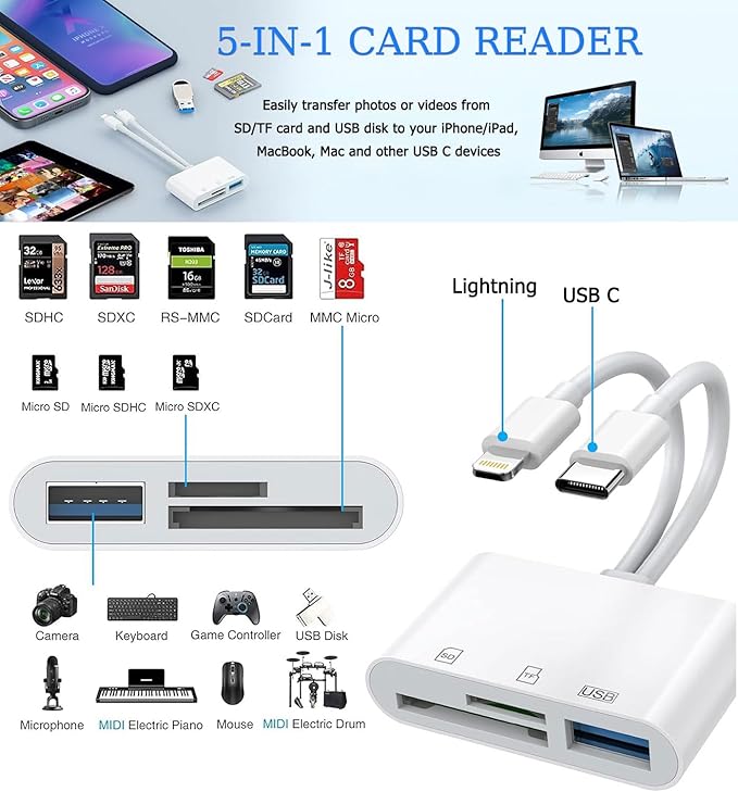 SD Card Reader for iPhone, iPad, USB C and Lightning Dual Port SD Card Adapter, Memory Card Reader for Camera Adapter, Support SD, Micro SD, USB 3.0, No App Driver Required