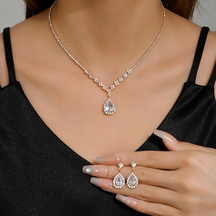 Sparkling Teardrop Halo Bridal Necklace Earrings Set For Women Statement Classic Silver Colors Adjustable Choker Style Chain