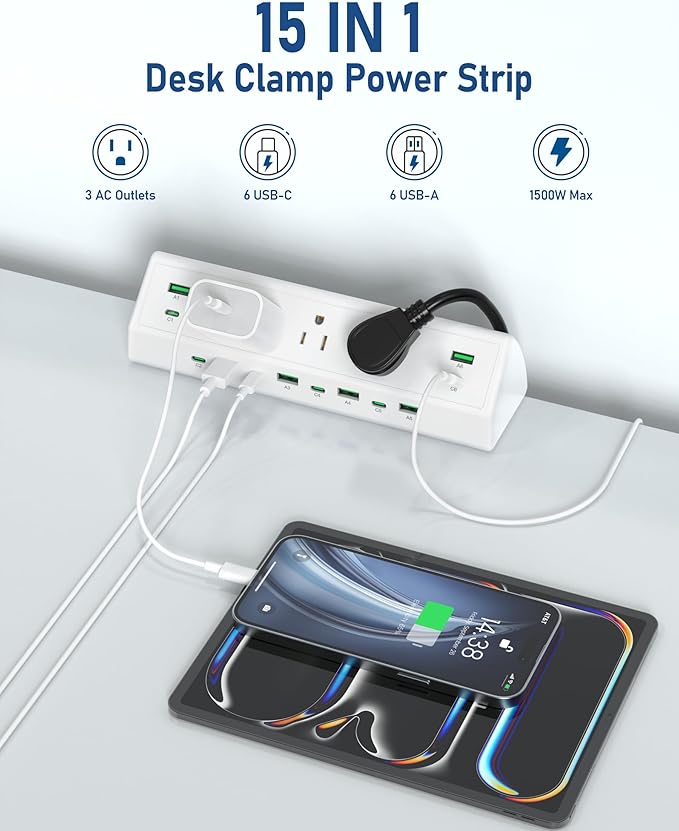 Jgstkcity 90W Desk Clamp Power Strip,12 USB Ports (6 PD 45W USB-C),Surge Protector,ETL Listed Power Hub Extension Cord,Fast Charging Station for Home Office Desk Edge Mount (White, 12 USB-90W)