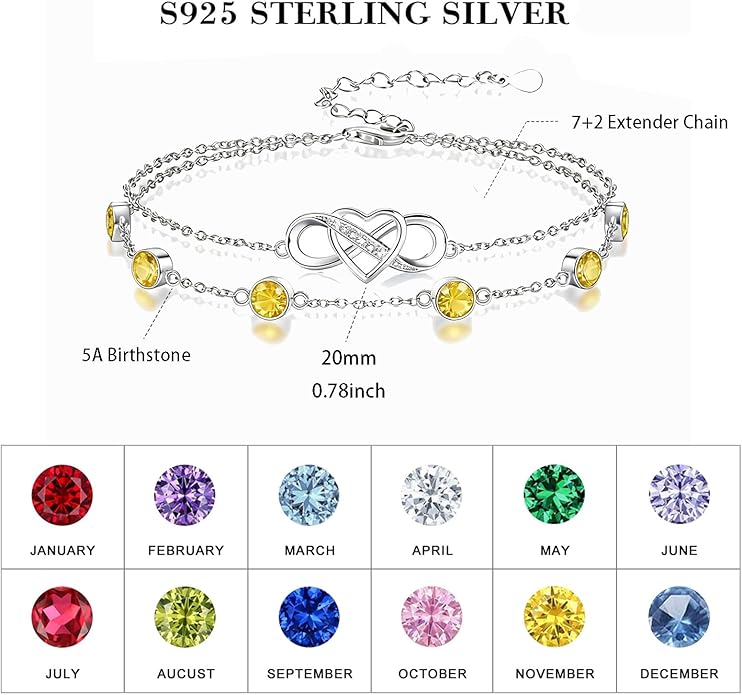 Prismata Infinity Birthstone Charm Link Bracelet 925 Sterling Silver Adjustable 12 Months Birthstone Infinity Bracelet Birthday Jewelry Gifts for Women Mom Her,with 7"+2" chain