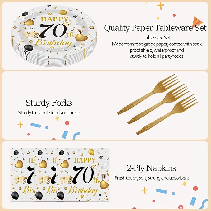 75PCS 70th Birthday Plates and Napkins Party Decorations, 7 Inch Premium Grey and Gold Happy Birthday Paper Plates and Napkins Disposable Tableware Set 70 Year Old Birthday's Party Decor for Women Men
