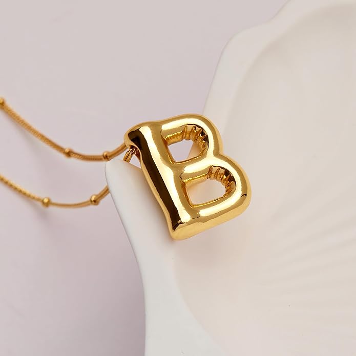 Inerney Valentines Day Gifts Gold Bubble Letter Necklace Initial Necklaces for Women, Chunky 14K Plated Balloon Initials, Trendy Charm Non Tarnish Custom Name Pendant Jewelry Gifts for Mom