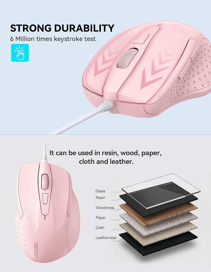TECKNET Wired Mouse, 6-Button Corded with 4 Adjustable DPI, Optical Ergonomic Design, 5FT Cord for Laptop, Chromebook, PC, Desktop, Mac, Notebook - Pink