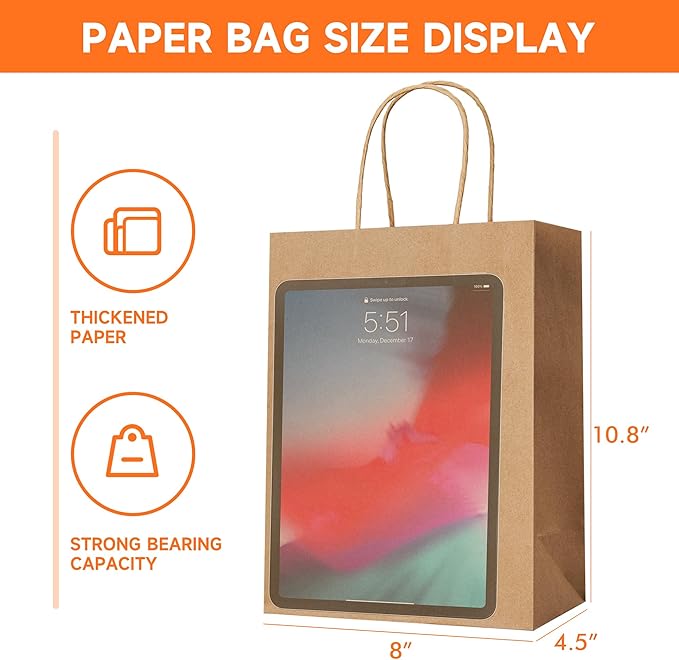 METAPRINT Brown Paper Gift Bags with Handles in Bulk, 50pcs Kraft Paper Bags 8x4.5x10.8 inch, Recyclable Shopping Bags for Retail, Grocery, Party Favors, Wedding