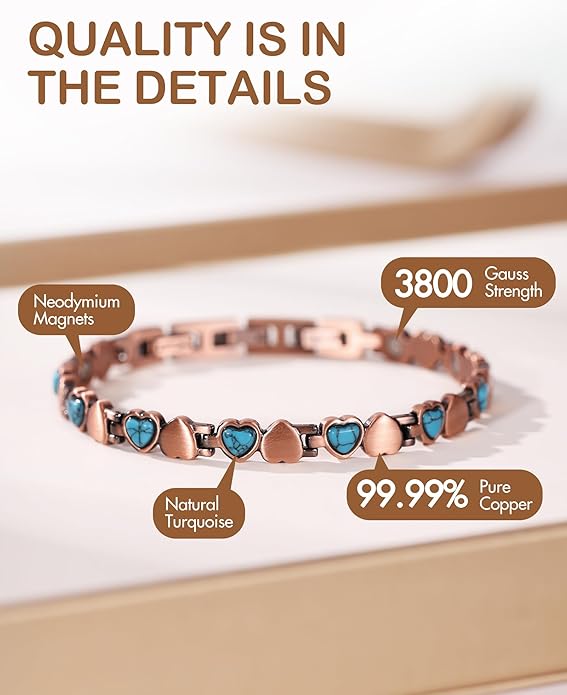 Feraco Pure Copper Bracelets for Women, Ultra Strength Magnetic Bracelet with 3800 Gauss Magnets & Natural Turquoise & Stones, Adjustable, Jewelry Gift