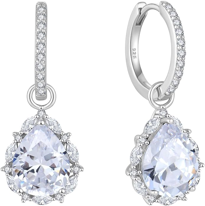 Women 925 Sterling Silver Birthstone Teardrop Huggie 14mm Hoop Drop Dangle Earrings 5A Cubic Zirconia Jewelry
