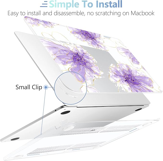MEEgoodo Case for MacBook Air M4/M3/M2 13.6 inch 2025 2024 2022, Fit Model A3240 A3113 A2681, Compatible with MacBook Air 13 inch, Laptop Hard Shell Case with Keyboard Cover, Purple Ink Flower