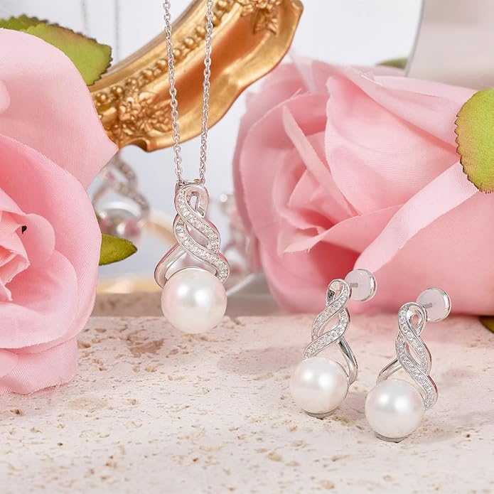 Gifts for Women-Pearl Necklace and Earring Set -925 Sterling Silver Jewelry Set- Birthday Valentines Day Anniversary or Christmas Gifts for Wife