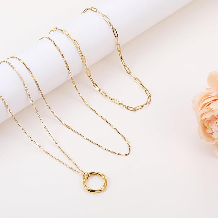 3Pcs Layered Necklace for Women Stackable Necklaces Silver Rosegold Gold Plated Chain Dainty Set Gifts Circle Pendant Paperclip Chain Choker Necklaces Trendy Personalized Jewelry Set Gifts for Women