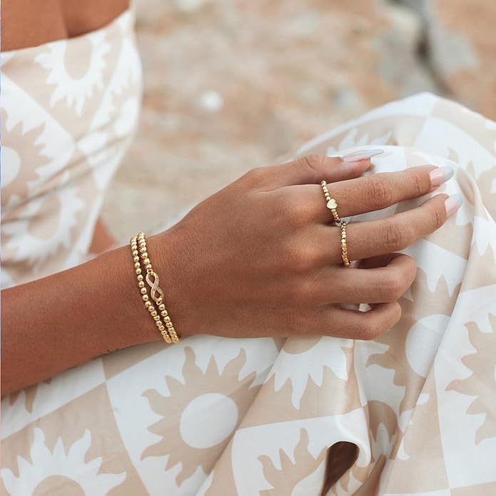 Gold Bracelets for Women 14K Gold Plated Bead Bracelet Hypoallergenic Stretch Bracelets for Women Elastic Bracelet Trendy Teen Gift Dainty Jewelry for Women