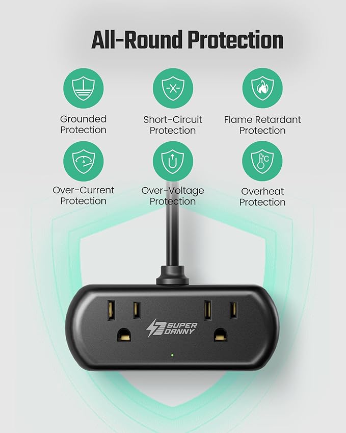 Power Strip with USB, SUPERDANNY Mini Surge Protector with 2 Wide-Spaced Outlets, 3 USB-A 1 USB-C, 5 Ft Extension Cord, Flat Plug, Compact Size Desktop Charging Station Travel, Home, Office, Black