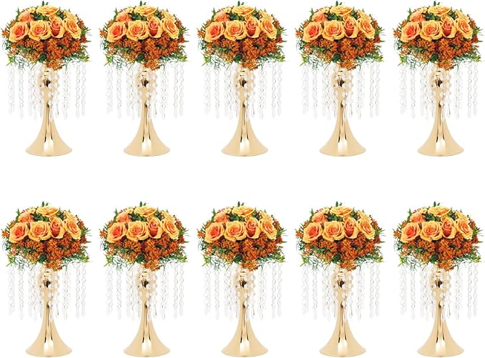 Wedding Centerpieces Gold Vases,10PCS Metal Flower Candle Holder with Sparkling Crystal Beads,Crystal Flower Vase Metal Flowers Stand for Party Tables Decorations (10PCS-Gold-13cm)