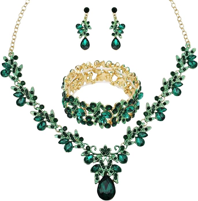 Wedding Leaf Flower Crystal Teardrop Pendant Necklace Dangle Earrings Stretch Bracelet Jewelry Set for Women Bridal Party Prom