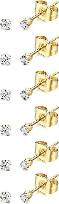 14K Gold Filled Polished Small CZ Pearl Ball Stud Earrings Set for Women Men 20G Surgical Steel Hypoallergenic Piercing Studs for Sensitive Ear, Pack of 6 Pairs