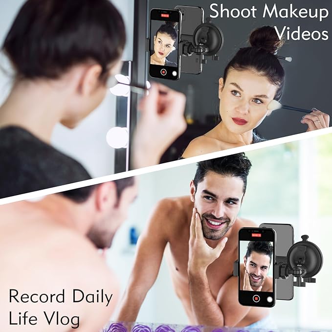 Shower Mirror Phone Holder, Suction Cup Mirror Phone Mount for Shower Mirror Bathroom Glass Kitchen Tile, TikTok YouTube Instagram Make Up Vlog Video Content Creator Essentials