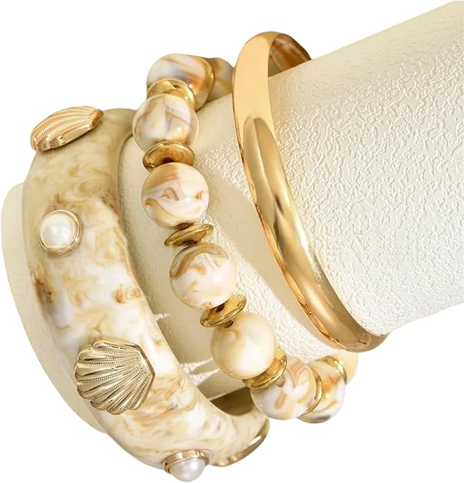 1 Set Bold Sea Inspired Multilayer Stackable Bracelet With Shell Waved Design Lightweight Resin Iron Jewelry For Women