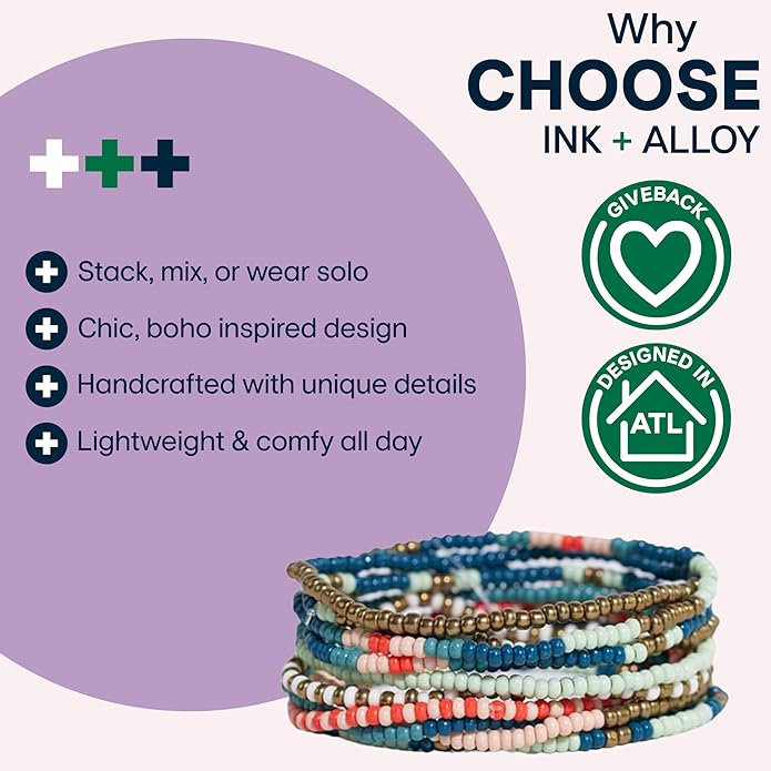 INK + ALLOY 10-Strand Stacking Beaded Bracelets for Women – Mixed Patterns Bracelet Stack - Adjustable Stretch Fit - Handmade Boho Bracelets for Women - Perfect for Any Occasion