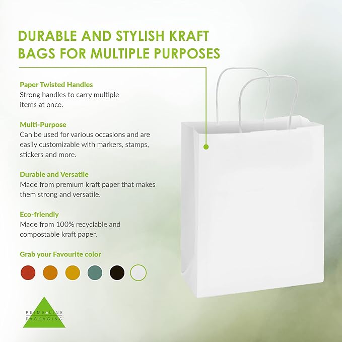 Prime Line Packaging 8x4x10 Small 50 Pack White Paper Bags with Handles, Shopping Bags for Small Business, Retail, Boutique, Party Favor Gift Bags Bulk