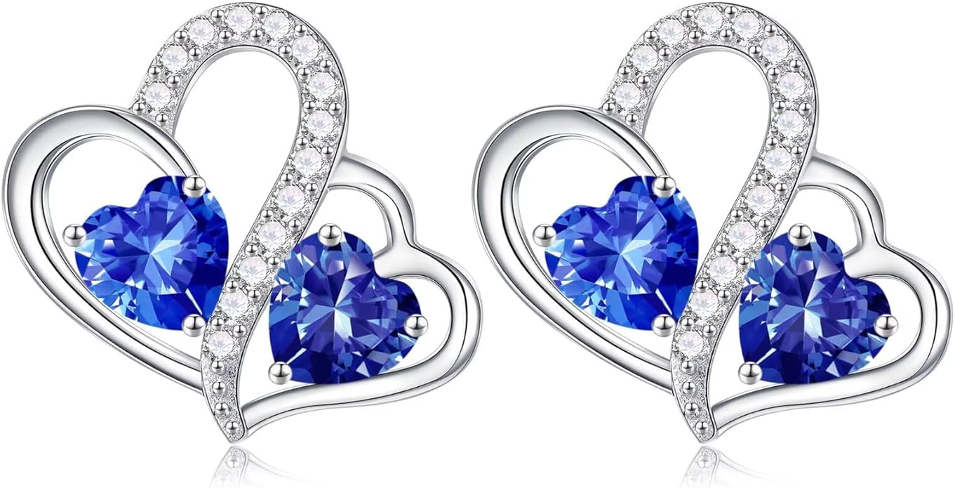 Iefil Valentines Day Gifts for Her - Birthstone Earrings Gift for Women, 925 Sterling Silver Double Heart Birthstone Earrings | Anniversary Birthday Gifts for Women, Personalized Jewelry for Wife Mom