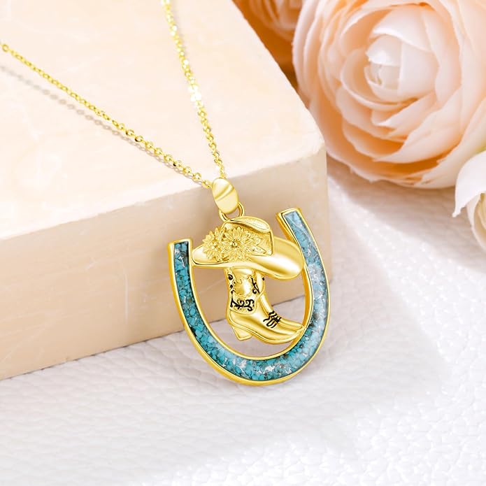 Western Cowboy Necklace 925 Sterling Silver Horseshoe Pendant Western Jewelry Cowgirl Gifts for Women Girlfriend Cowboy Cowgirl