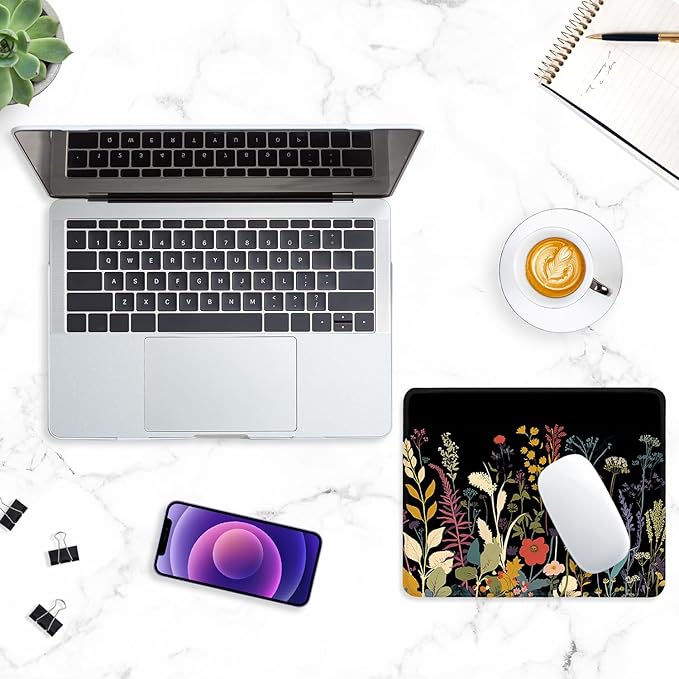 ITNRSIIET Mouse Pad with Stitched Edge Premium Textured Smooth Precise Operation Waterproof Washable Non-Slip Rubber Base Desktop Protection Mat, 10.2×8.3×0.12 inches, Pretty Flowers Plants