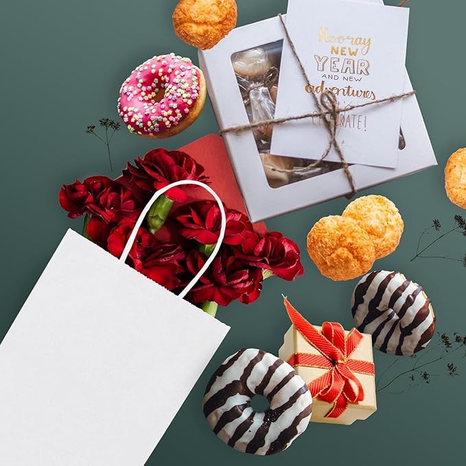 METRONIC Gift Bags 5.25x3.75x8 400Pcs, White Paper Bags with Handles, Kraft Paper Bag for Small Business, Paper Bag for Birthday Party Favors, Shopping