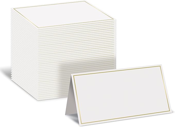 Better Office Products 100 Pack Gold Metallic Border Place Cards, 2 x 3.5 in, Folded Table Tent Cards for Weddings, Dinner Parties, Buffet Banquets, (White)