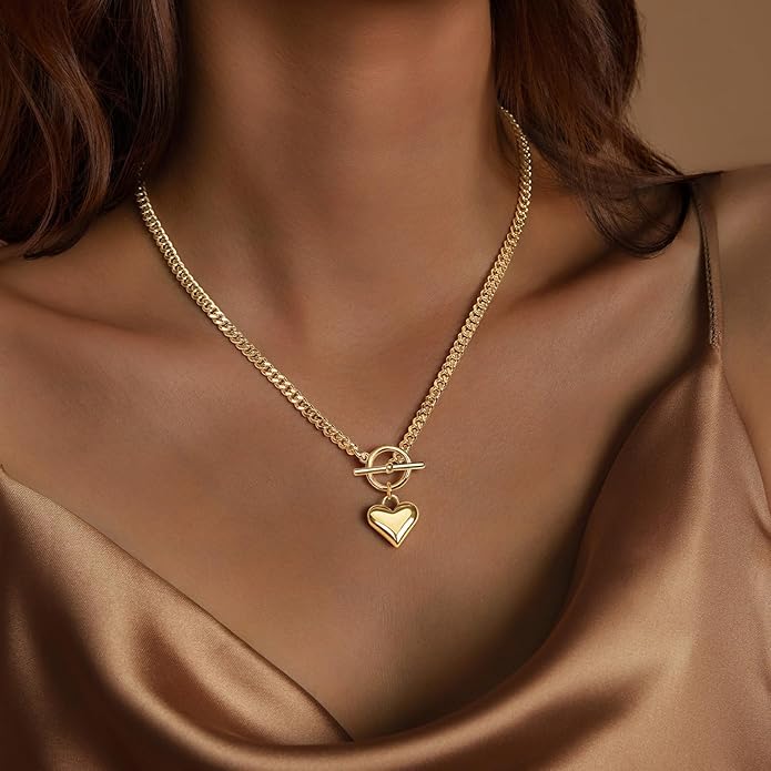 Heart Necklace for Women Gold/Silver Plated Trendy Heart Choker Lover Pendant Hypoallergenic Fashion Gold/Silver Necklace for Women Love Jewelry Gift for Women Girlfriend