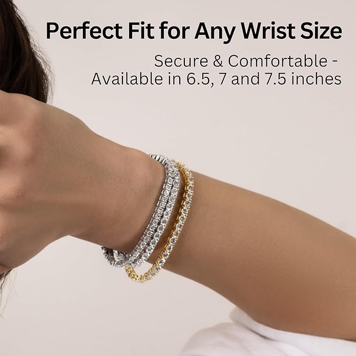 KISPER Tennis Bracelet for Women - 24K White Gold or Gold Plated Round Cut AAAAA CZ, 3mm/4mm Width, Elegant Jewelry Gift, 6.5/7/7.5 Inch
