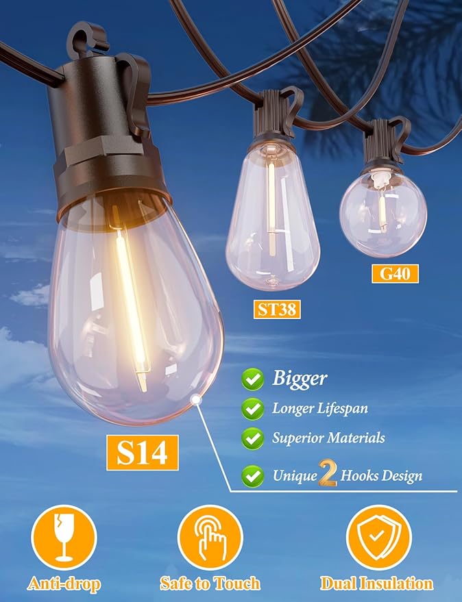 Brightever LED Outdoor String Lights 36FT, Patio Lights Outdoor Waterproof with 13 Shatterproof S14 Vintage Edison Bulbs(1 Spare), Dimmable Outside Lights for House, Garden, Deck, Balcony, Camping