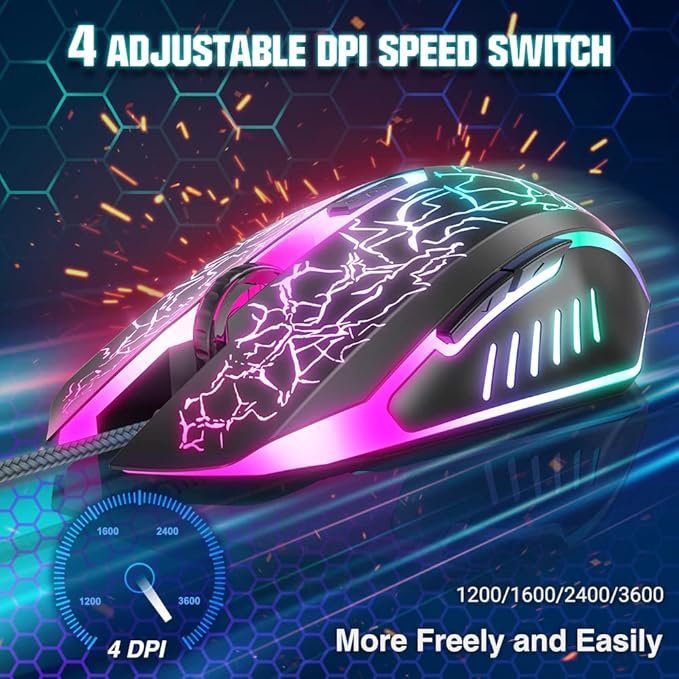 BENGOO Gaming Mouse Wired, Ergonomic Gamer Laptop PC Optical Computer Mice with RGB Backlit, 4 Adjustable DPI Up to 3600, 6 Programmable Buttons for Windows 7/8/10/XP Vista Linux -Black