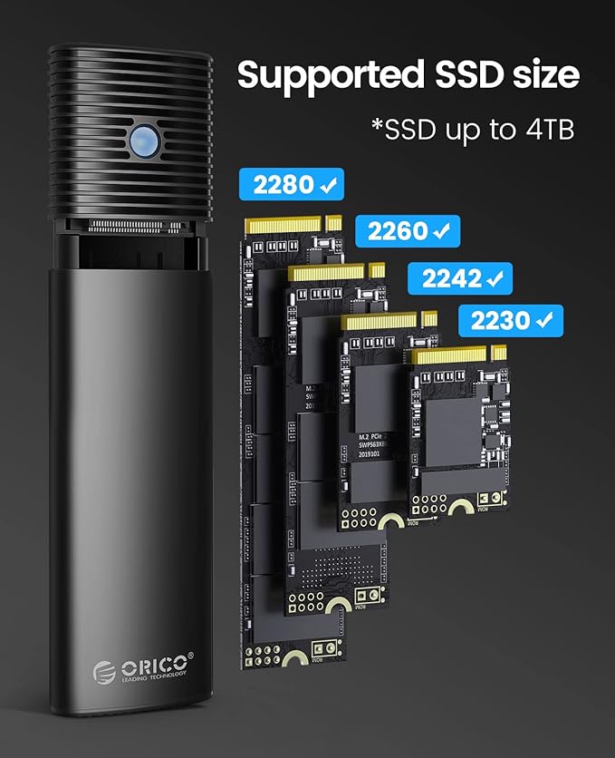 ORICO M.2 NVMe SATA SSD Enclosure Adapter Tool-Free, USB C 3.2 Gen 2 10Gbps NVMe, 5Gbps NGFF SATA PCIe M-Key(B+M Key) 2230/2242/2260/2280, Aluminum External M2 Reader Support UASP Trim- PWDM2-BK