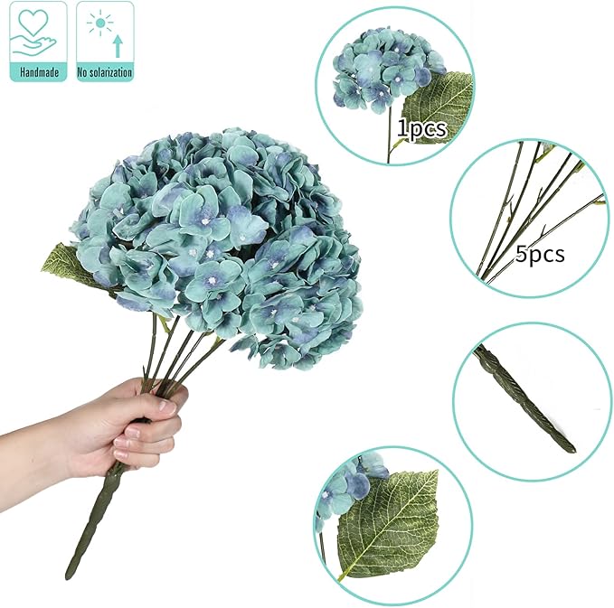 Kimura's Cabin 2Bouquets Fake Flowers Vintage Artificial Silk Hydrangea Flowers Bouquets 10Heads for Home Table Centerpieces Wedding Party Decoration (Acid Blue, Pack of 2)