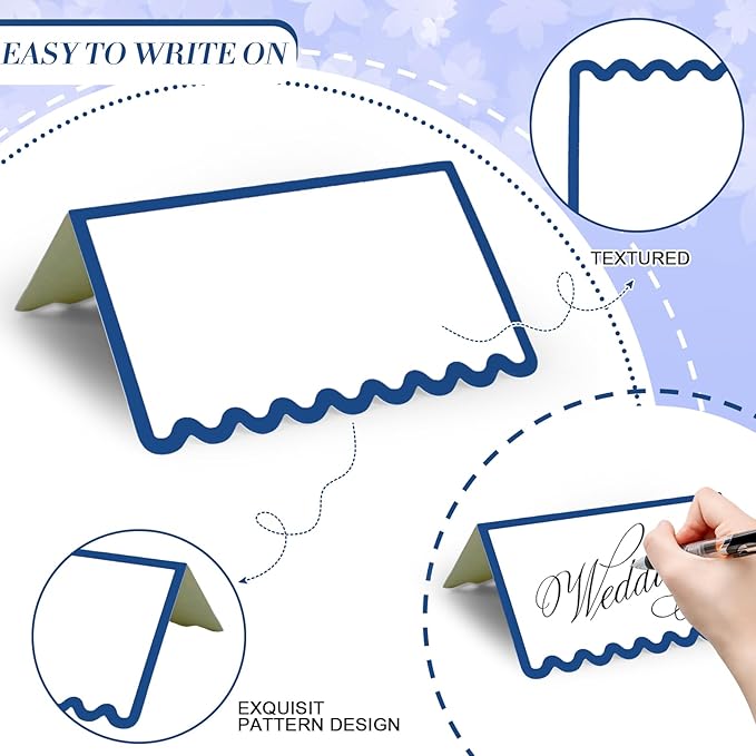 150 PCS Blue Scalloped Place Cards 2 x 3.5 Inch Blank Tented Place Card Name Cardstock Seat Assignment Label Card Reserved Table Signs Seating Signs for Birthday Party Wedding Setting
