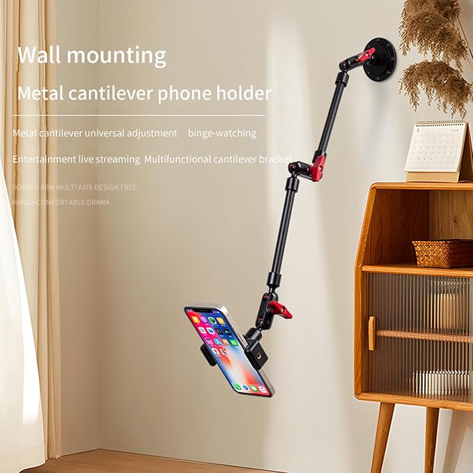 Adjustable Mobile Phone Holder for Desk, Wall and Ceiling Mount - Metal Base +60cm Arms + Phone Clip