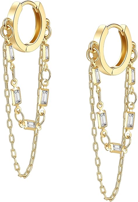 Tassel Chain Small Gold Hoop Dangle Earring For Women Huggie Earring Heart Star CZ 14K Gold Plated Fashion Jewelry Friendship Gift