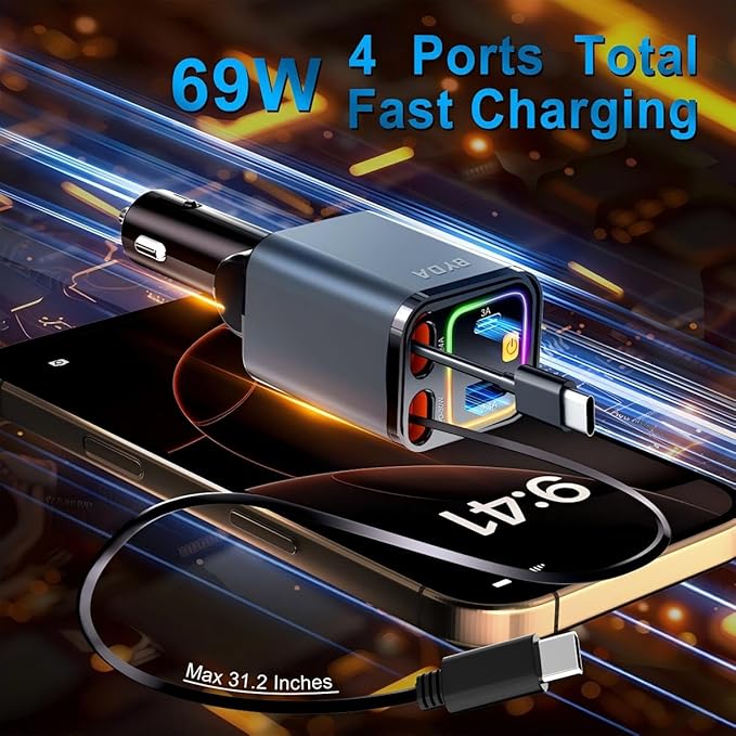 Retractable Car Charger, 4 in 1 Fast Charging USB-C & USB-A Compatible with iPhone 16/15/14/13/12/11 Pro Max, 69W Fast Car-Charger Cigarette Lighter Adapter for Galaxy, Pixel (Light-ning+USB-C) Grey