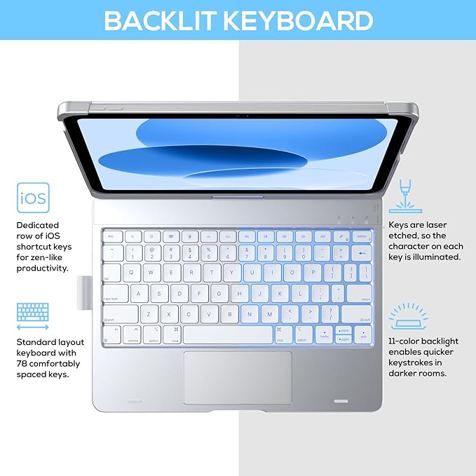 typecase Touch iPad 10th Generation Case with Keyboard (10.9", 2022) and iPad A16 (11th Gen, 2025) – 360° Rotatable, 11-Color Backlit, Multi-Touch Trackpad, Thin & Light (Silver)