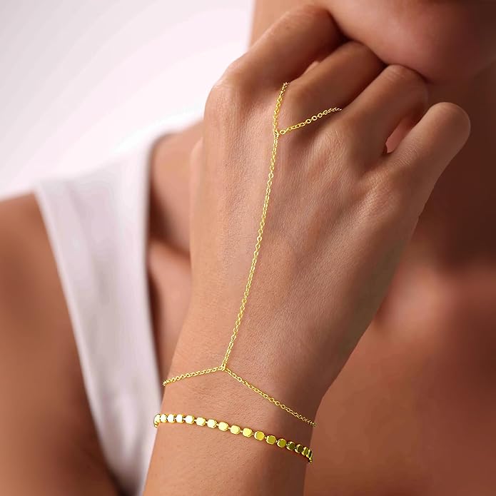 Yoosteel Hand Chain Bracelet for Women - Valentines Gifts Dainty 14K-Gold-Plated Finger Ring Hand Chains Layered Trendy Link Bracelets Jewelry Gift for Women