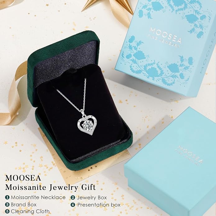 MOOSEA Valentines Day Gifts for Her - 925 Sterling Silver Heart Moissanite Pendant Necklace 1-3 Carat VVS1 Clarity Moissanite, Anniversary Birthday Gift for Women Mom Wife Girlfriend