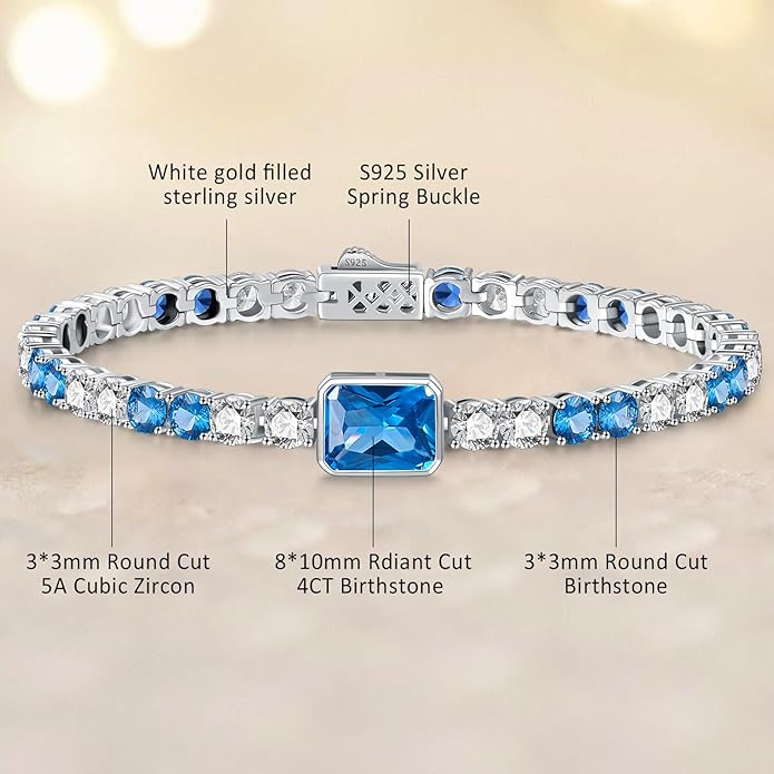 Birthstone Bracelets for Women Birthday Gifts 4CT Radiant Cut Birthstone 4mm Sterling Silver White Gold Tennis Bracelets for Women Round Cut 5A Cubic Zirconia Bezel Setting 7 Inch