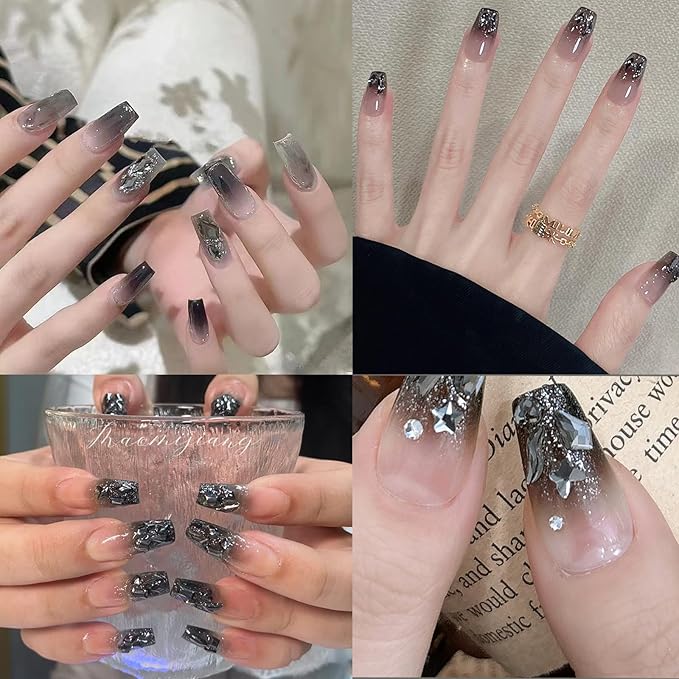 250Pcs Mini Black Flash Nail Art Charms Mixed Shapes Nail Rhinestones Star Heart Irregular Shape Nail Supplies Gems Dark Crystals Nail Jewelry Flat Nail Decorations Design Acrylic Nails for Women