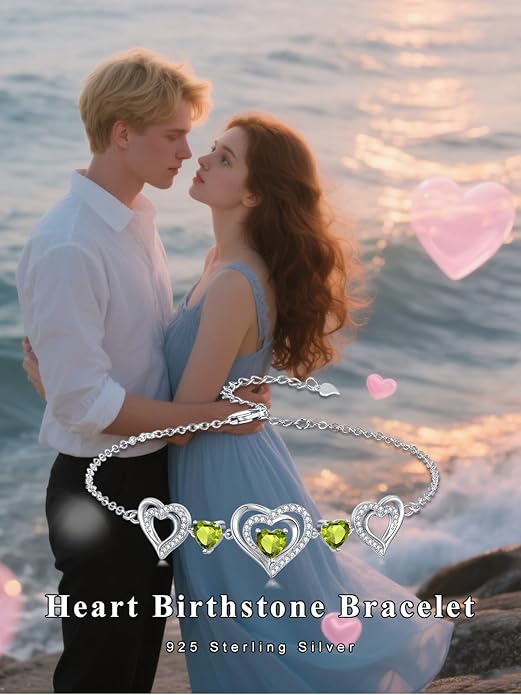Birthstone Charm Link Bracelet 925 Sterling Silver Rose/Heart/Mom Bracelet with 12 Months Birthstone Mother's Day Gift Jewelry Gifts for Women,Chain Length 7"+2" Extend